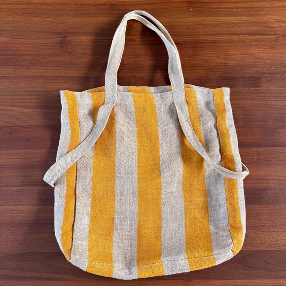 Saardé 100% Natural Woven Jute Market Bag in Mustard Stripe - Beach Pool Tote - Picture 3 of 15
